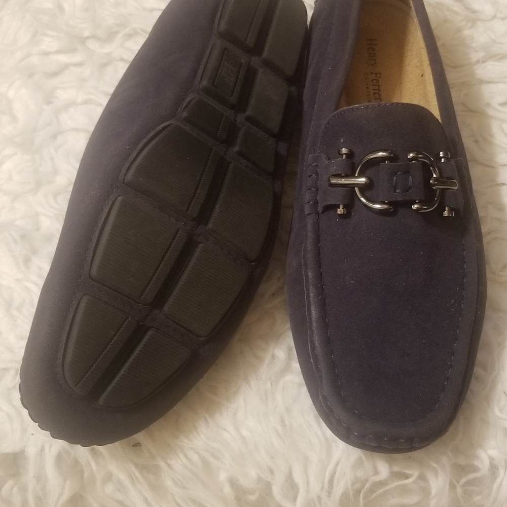 Men navy blue suede loafers